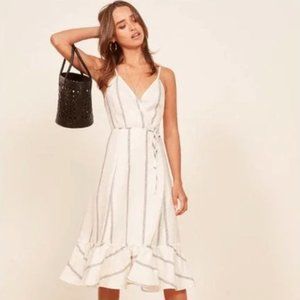 REFORMATION WRAP DRESS FIG CREAM/BLACK RUFFLED STRIPED LINEN XS